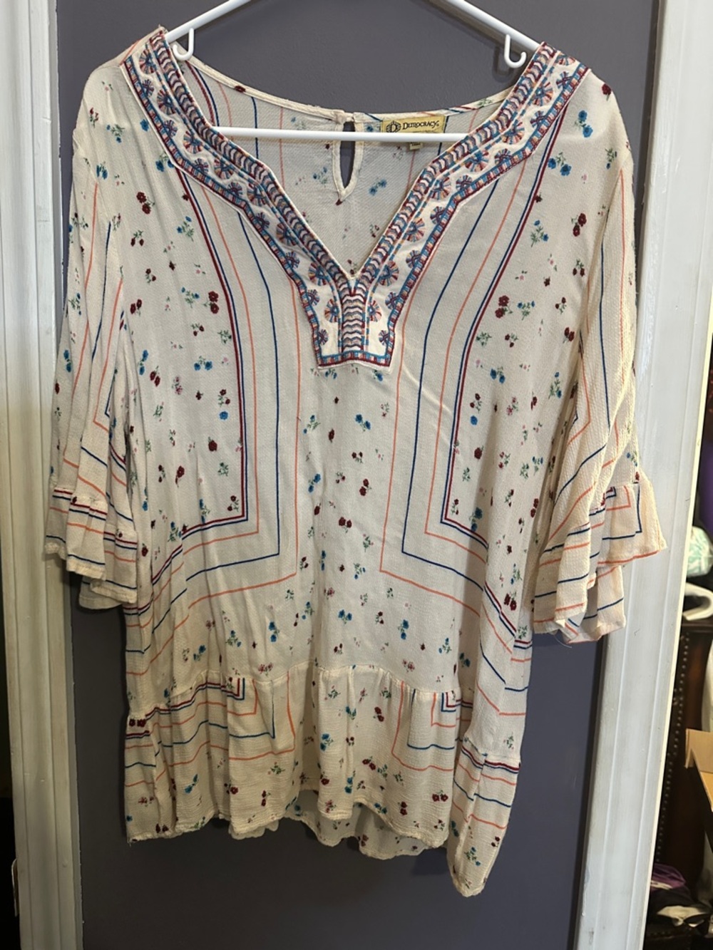 Democracy Cream Embroidered V-Neck Peasant Tunic with Red and Blue Detail